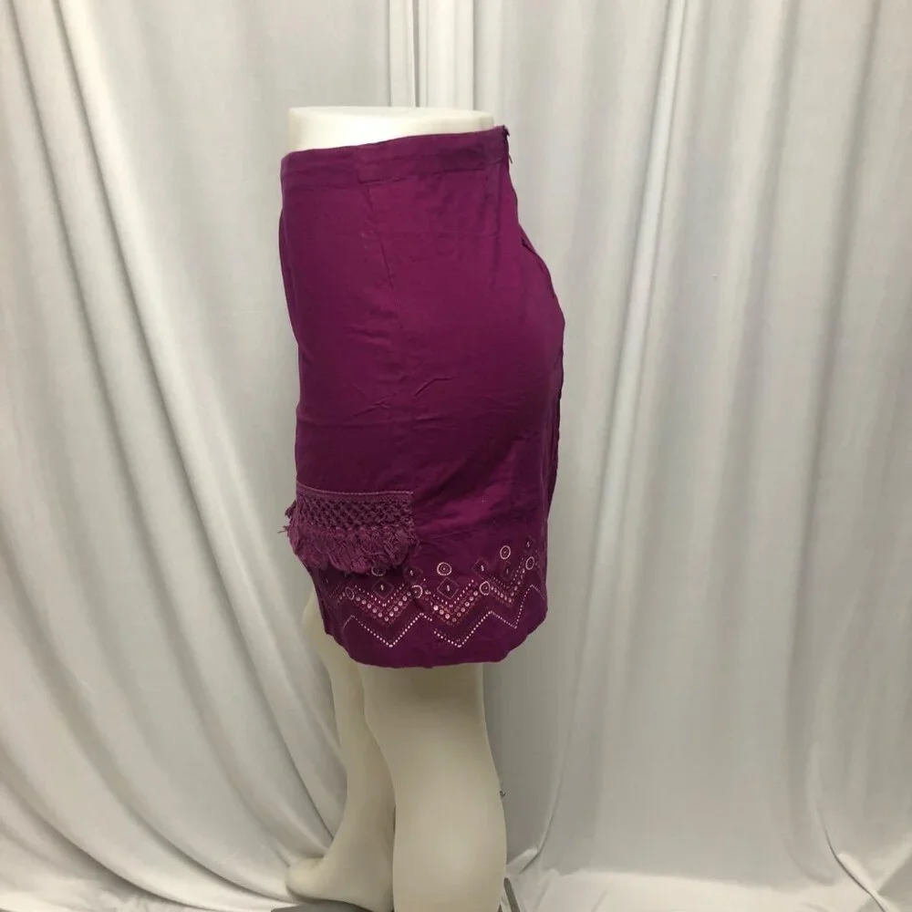 Coline Mini Skirt Womens Size Medium Plum Purple Fringed Cotton Boho Hippie Fun